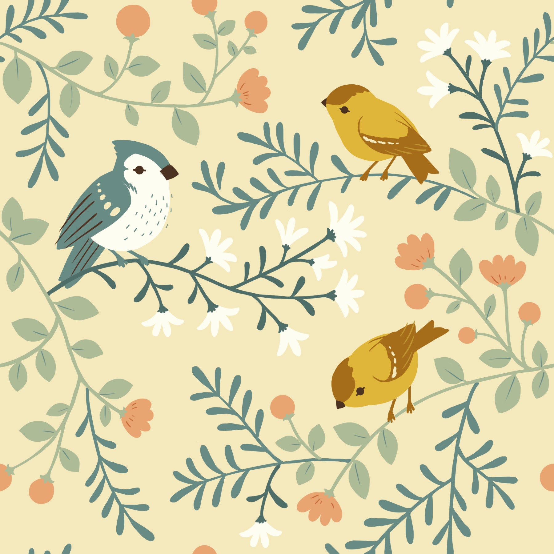 Birds and Branches Cream Canvas