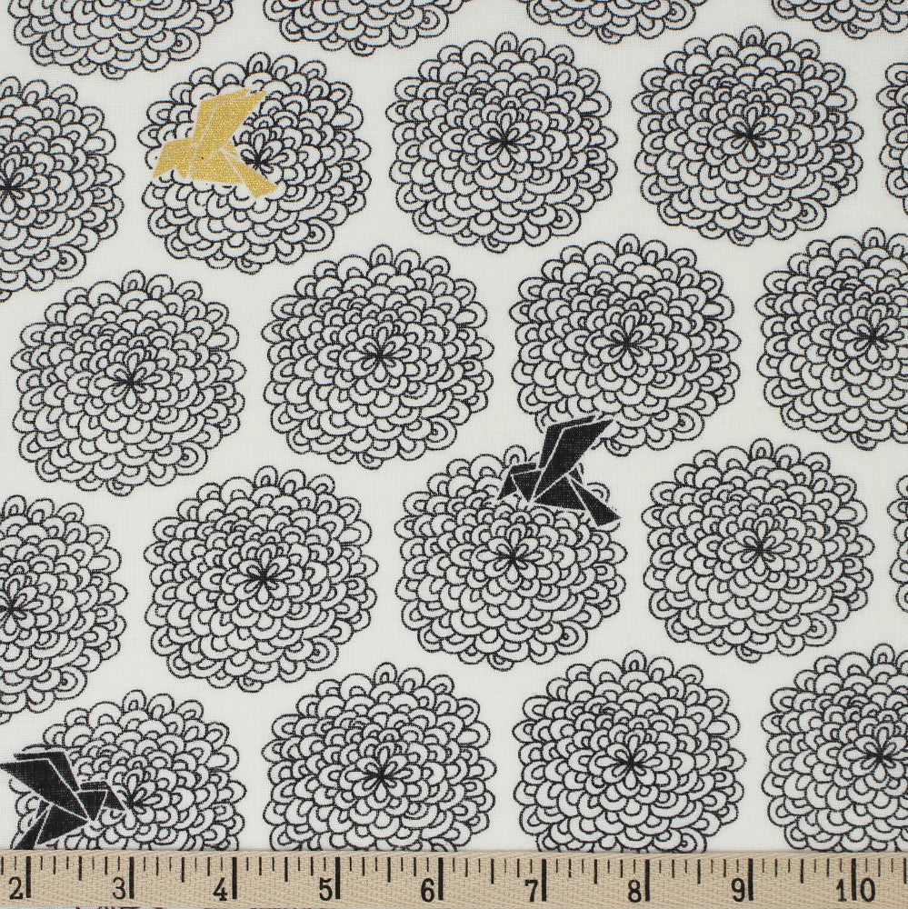 BIRDS and BLOSSOMS in BLACK/METALLIC DOUBLE GAUZE